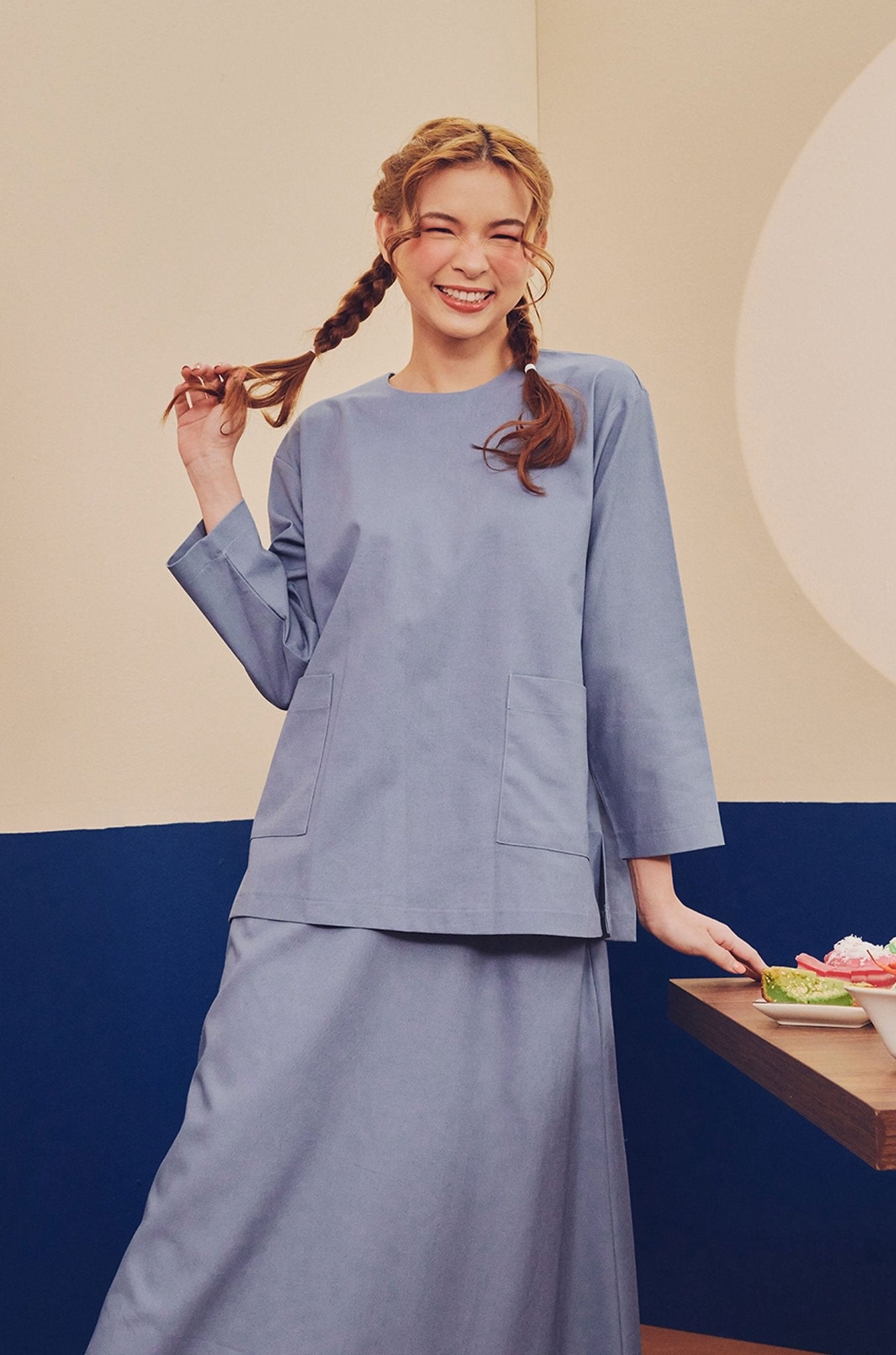 Women Pair Pockets Boxy Blouse Pigeon Blue - Umbi