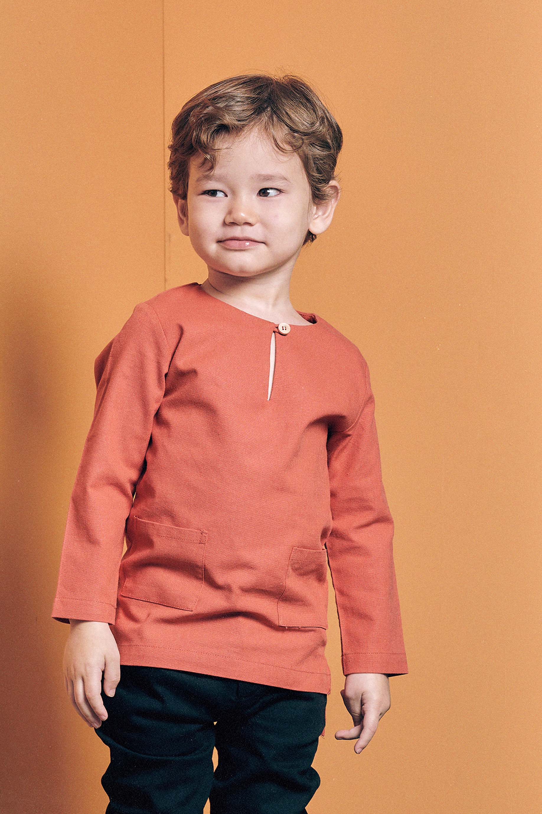 baju raya family sedondon boys kurta slim fit terracotta orange